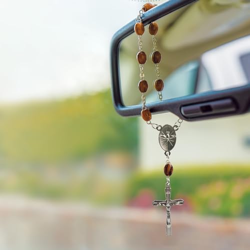Car Rosary From The Holy Land of Bethlehem - 7" Confirmation With Crucifix & Dove Medal, Olive Wood Catholic Pocket With Wooden Beads & Lobster Clasp - color: Confirmation