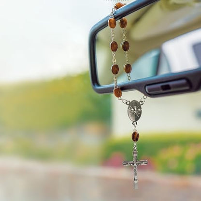Car Rosary From The Holy Land of Bethlehem - 7" Confirmation With Crucifix & Dove Medal, Olive Wood Catholic Pocket With Wooden Beads & Lobster Clasp - color: Confirmation