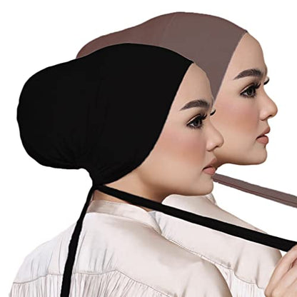 Women Under Scarf Hat Hijab Undercap Islamic Muslim Under Scarf Hijab Cap with Tie-Back Closure - color: Black+coffee