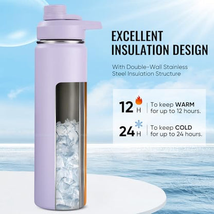 Fijinhom Insulated Water Bottle with Handle, 304 Stainless Steel Water Bottles with Wide Mouth, Double Wall Vacuum Sports Water Bottle, BPA Free, Keep Cold and Hot, 24 Ounces, Purple - color: Purple, size: 24 Ounces