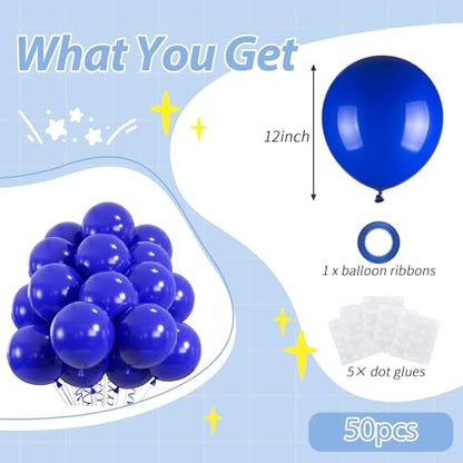 50pcs Royal Blue Balloons, 12inch Helium Quality Dark Blue Party Balloons for Birthday Graduation Baseball Party 4th of July Backdrops (with Ribbon & Glue) - color: Royal Blue