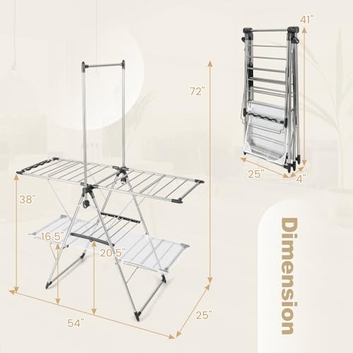Tangkula Foldable Clothes Drying Rack, 2-Tier Laundry Drying Rack w/Tall Hanging Bar, Height Adjustable Gullwing, Freestanding Garment Stand for Indoor Outdoor Use - size: 54" x 25" x 72"