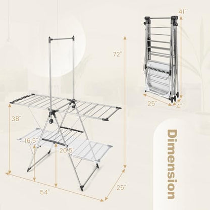 Tangkula Foldable Clothes Drying Rack, 2-Tier Laundry Drying Rack w/Tall Hanging Bar, Height Adjustable Gullwing, Freestanding Garment Stand for Indoor Outdoor Use - size: 54" x 25" x 72"