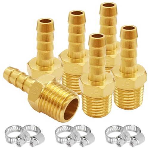 Uenede Brass 1/4" NPT Male to 1/4" Hose Barbed Fittings, 6PCS | Barb Pipe Fittings with Clamps Air Line Repair Connectors for Water Oil Gas - size: 1/4"Barb, style: 1/4"NPT Male