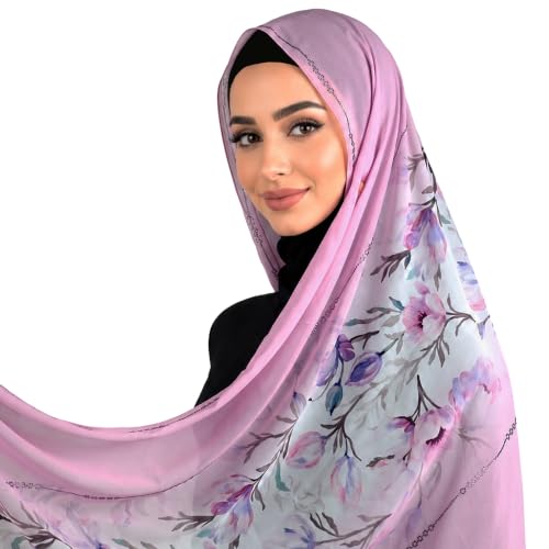 Chiffon Rhinestone Muslim Headscarf - color: Pink Floral Pattern 