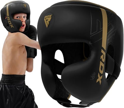 RDX Kids Boxing Headgear, MMA Training, Adjustable Padded Kara Muay Thai Juniors Head Gear, Kickboxing, Sparring, Martial Arts, Karate, Taekwondo Youth Girls Boys Helmet, Home Gym Workouts - color: Golden