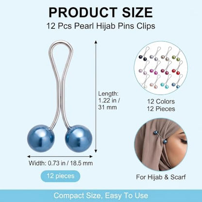 12 Pcs Pearl Hijab Pins Clips, Scarf Brooch Pins for Women