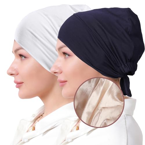 Women Under Hijab Cap Islamic Underscarf Turbans for Women Solid Color Hijab Bonnet Caps Muslim Scarf Inner Cap - color: Navy+white
