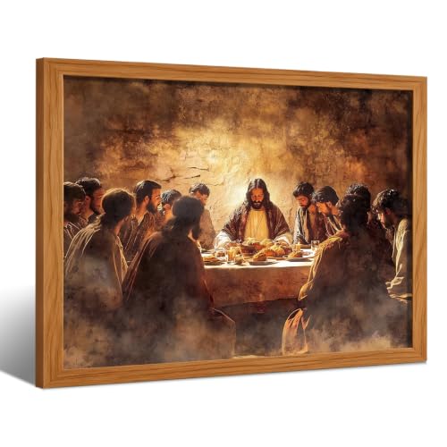 AUUAUU The Last Supper Wall Art, Wood Framed Jesus Religious Canvas Painting, Vintage Christian Wall Decor for Living Room Bedroom, 12x16 Inches Ready to Hang - color: Wooden Framed The Last Supper Wall Art, size: 16"L x 12"W