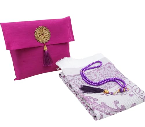 Prien Muslim Prayer Rug with Tasbih and Portable Bag, Muslim Gift for Women Men, Mubarak Islamic Box, Soft Mat Islam Gifts Set, Turkish Sajadah for Ramadan, Eid, Hajj, Travel, Pray (Purple) - color: Purple