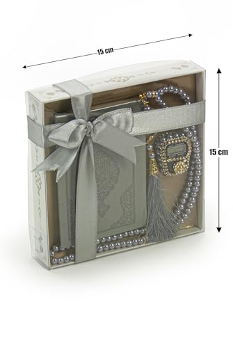 İhvan Online Medina Calligraphy Quran Set with Islamic Finger Counter, Portable Digital Prayer Tasbeeh, Pearl Zikirmatic Beads, 3 Pieces Gift for Ramadan & Eid & Mawlid (Gray) - color: Grey