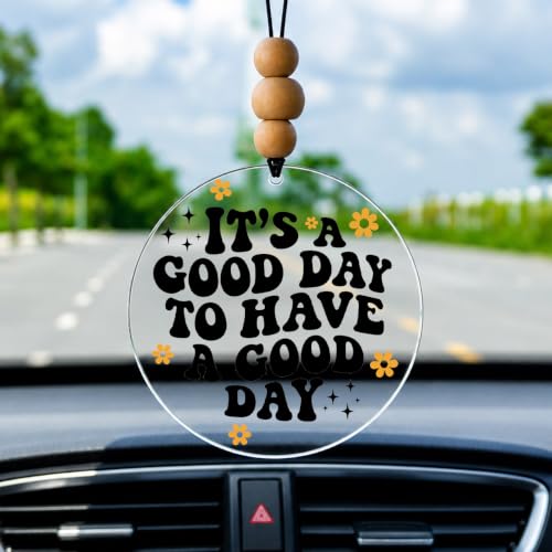 Talataca It's A Good Day to Have A Good Day 2D Flat Car Ornament & Wood Beads, Retro Vintage, Inspirational Quote Beaded Rear View Mirror Accessories, Rearview Hanging Charm, Christmas Tree Decor - color: 22