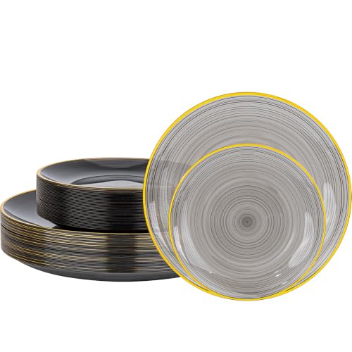 Morejoy 60Pcs Black Plastic Plates,Black Disposable Plates With Gold Rim - color: Black and Gold, style: Modern