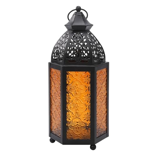 4.8X10.2in Ramadan Lantern Black Moroccan Glass Candle Lantern Decorative Indoor Home Decor Outdoor Patio or Porch Ramadan Gifts Golden Glass Weddings Parties - color: Vintage Golden Glass