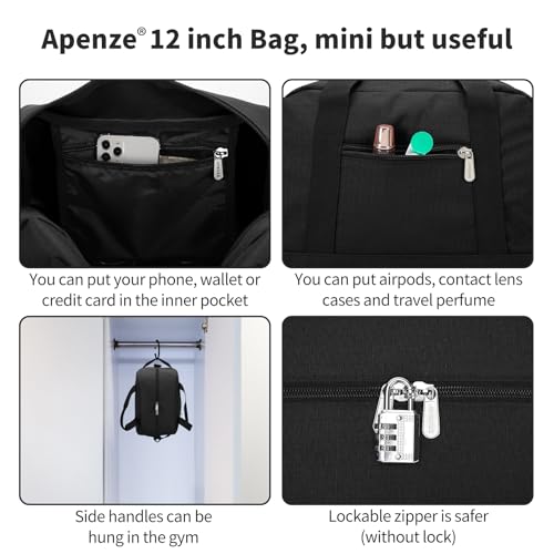 Apenze Small Gym Bag Carry On Bag - 12 in Mini Duffle Bag Lightweight for Overnight Travel（Black） - color: Black, size: 12inch