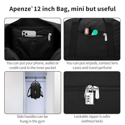 Apenze Small Gym Bag Carry On Bag - 12 in Mini Duffle Bag Lightweight for Overnight Travel（Black） - color: Black, size: 12inch