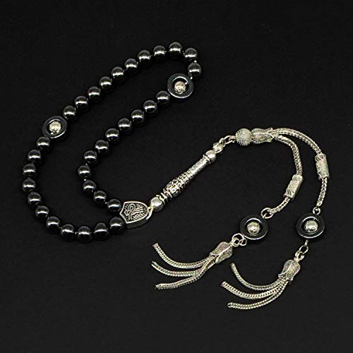 Design - Long & Stylist Tassels Worry Beads - Prayer Beads (8 mm-33 Beads) Tesbih-Tasbih-Tasbeeh-Misbaha-Subha-Sebha-Sibha-Rosary (Black Hematite - Silver Plated) - color: Black Hematite - Silver Plated