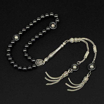 Design - Long & Stylist Tassels Worry Beads - Prayer Beads (8 mm-33 Beads) Tesbih-Tasbih-Tasbeeh-Misbaha-Subha-Sebha-Sibha-Rosary (Black Hematite - Silver Plated) - color: Black Hematite - Silver Plated