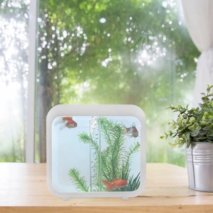 Plastic Aquarium Miniature Kits Small Aquarium Mini Fish Tank Small with LED Lighting Fish Landscape Box Desktop Decoration LED Creative - color: White