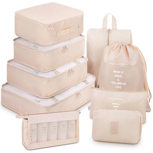 Mossio 9 Set Packing Cubes with Shoe Bag & Electronics Bag - Luggage Organizers Suitcase Travel Accessories - color: Beige
