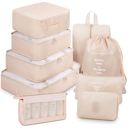 Mossio 9 Set Packing Cubes with Shoe Bag & Electronics Bag - Luggage Organizers Suitcase Travel Accessories - color: Beige
