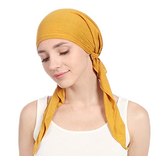 Instant Hijab Solid Beaded Long Tail Turban Wrap Cap Soft Stretchy Breathable Muslim Hair Baseball Hat - color: 08#_yellow