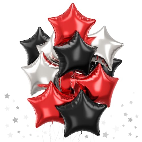 Black Red Star Balloons, 18 Inch 12Pcs Black Red and Metallic Silver Star Shape Foil Balloon, Large Helium Pentagram Balloons for Kids Birthday Casino Racing Car Poker Theme Halloween Party Decor - color: Black Red Silver