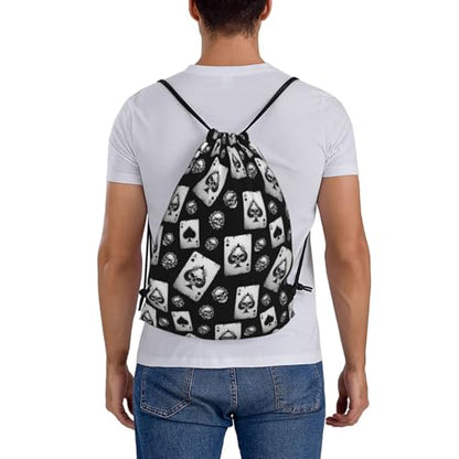 Unisex Polyester Gym Sack, Poker Skull Hearts Card Black, Drawstring Sackpack for Soccer Basketball Ball Storage - color: Pattern (358)