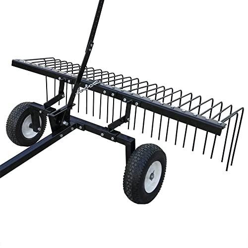 Yard Tuff Pine Straw Rake, Steel Lawn Sweeper with 24 Spring Tines, 60-Inch - Leaf Collector Attachment with Pin Hitch for ATV, UTV or Utility Tractor | Pin Hitch Fits ATV, UTV or Tractor, Adjustable Reel Arms, Lift Handle to Dump, 12 Inch Pneumatic Tires
