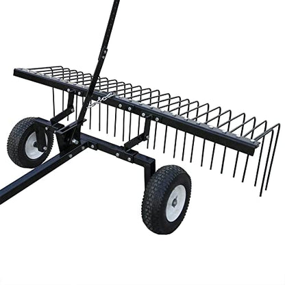 Yard Tuff Pine Straw Rake, Steel Lawn Sweeper with 24 Spring Tines, 60-Inch - Leaf Collector Attachment with Pin Hitch for ATV, UTV or Utility Tractor | Pin Hitch Fits ATV, UTV or Tractor, Adjustable Reel Arms, Lift Handle to Dump, 12 Inch Pneumatic Tires
