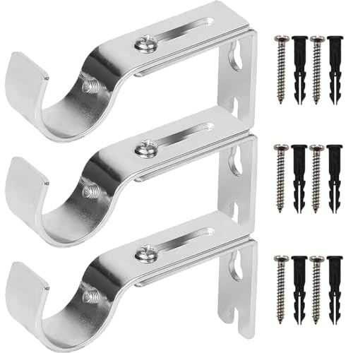 Premium Curtain Rod Brackets - 3 Pack Adjustable Wall Mounts, Curtain Rod Holders for 1 Inch Rod (Silver) - color: Silver-3Pack
