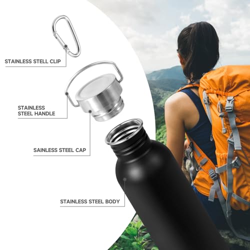 Volhoply 26oz Uninsulated Single Walled Water Bottle, Stainless Steel Reusable Water Bottles with Handle & Carabiner, BPA Free Wide Mouth Water Bottles for Gym Sports Camping（Black,1） - color: Black