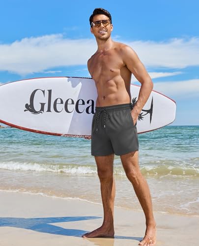 Gleeease 5 Inch Mens Swim Trunks with Compression Liner Men's Bathing Suit | Mens Swim Shorts 4 Pockets Quick Dry 2 in 1 Water Resistant Solid Stretch Breathable Surfing Beach Elastic Waistband Swimsuit - color: Dark Grey, size: Medium