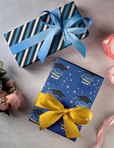 Cuitpan Graduation Wrapping Paper - Gift Wrap for High School & College Graduation 2025,Black Caps,Blue Stripes,Laurel Wreath,Medals Designs,Perfect for Parties Gifts - 8 Sheets, 20 x 29 Inches - color: Blue-Graduation