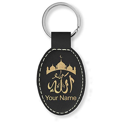 LaserGram Oval Keychain, Allah 2, Personalized Engraving Included (Black with Gold) - color: Black With Gold