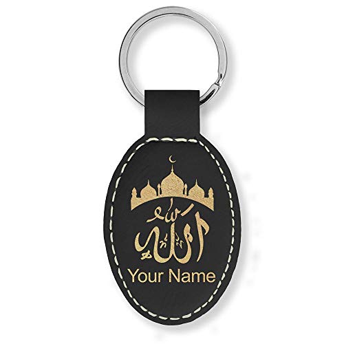 LaserGram Oval Keychain, Allah 2, Personalized Engraving Included (Black with Gold) - color: Black With Gold