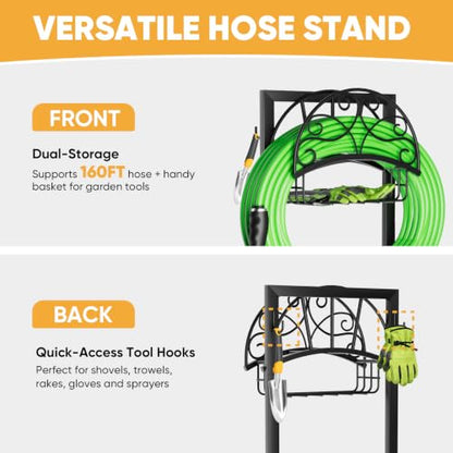 Heavy-Duty Garden Hose Holder with Storage Basket and Tool Hooks, Stable Freestanding Hose Stand Holds 160Ft, Metal Hose Hanger, Rustproof Water Hose Holder Storage for Outside,Yard,Lawn,Farm - color: Matte Black