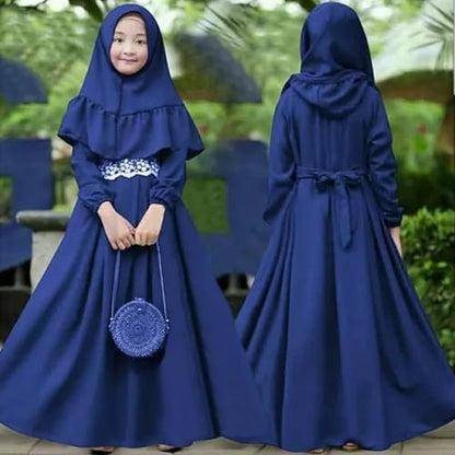 Baby Girls Muslim Abaya Dress Hijab Set Cotton Plain Islamic Prayer Dresses Toddler Traditional Ramadan Muslim Outfits - size: 3-4T