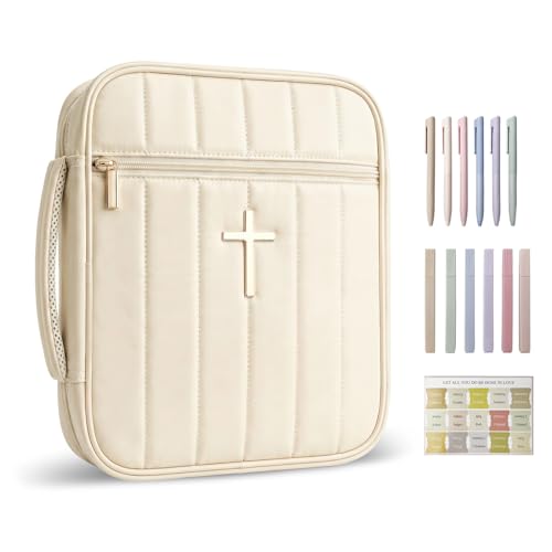 Wuflyover Bible Bag for Women with Study Set, Quilted Bible Cover Case with Handle, Bible Carrying Case for Church, Tabs, Notes, Pens and Highlighters, (Beige+Study Accessories) - color: Beige+study Accessories