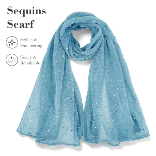 Sequin Scarf for Women Lightweight Mesh Shawl Wrap Bandana Hijab Headscarf for Summer Evening Dress - color: Skyblue