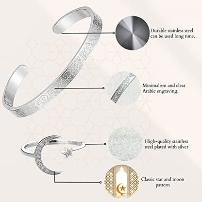 FABMODE Islamic Jewelry Set Allah Ayatul Kursi Bracelet with Ring Eid Ramadan Gift for Muslim Women