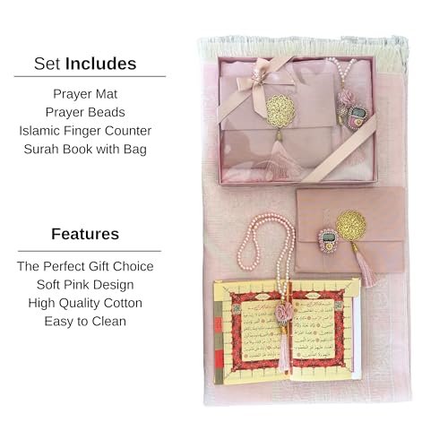 Prayer Mat Set for Women, Muslim Prayer Rug, Prayer Mat, Islamic Finger Counter, Prayer Beads, Surah Book with Bag, Islamic Gift Set for Ramadan & Eid (Pink)
