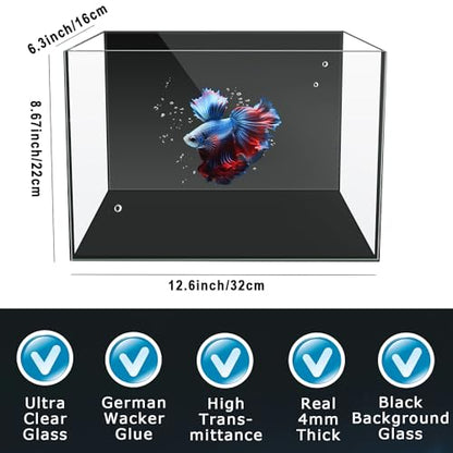 3 Gallon 12.6” L Fish Nano Glass Aquarium, with Separator Plate for Betta, Multi-Functional Square Fish Tank with Filter, LED Light, Black 4mm Glass