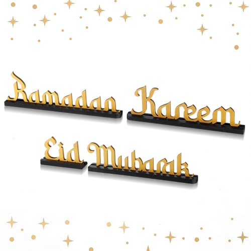 Amyhill 4 Pcs Eid Mubarak Ramadan Kareem Table Decor Ramadan Mubarak Letter Wooden Tabletop Centerpiece Islamic Decoration Sign for Home Office Party Decorations - style: Mubarak