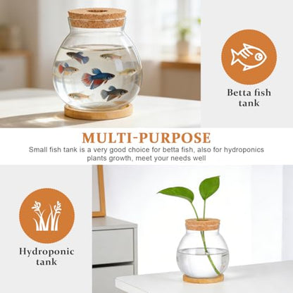 POPETPOP Desktop Glass Fish Bowl - Round Small Fish Tank | with Wood Stopper & Bamboo Mat, Clear Glass Betta Fish Bowl for Succulent Plants, Hydroponic Air Plant (5.5X5.1 Inch)