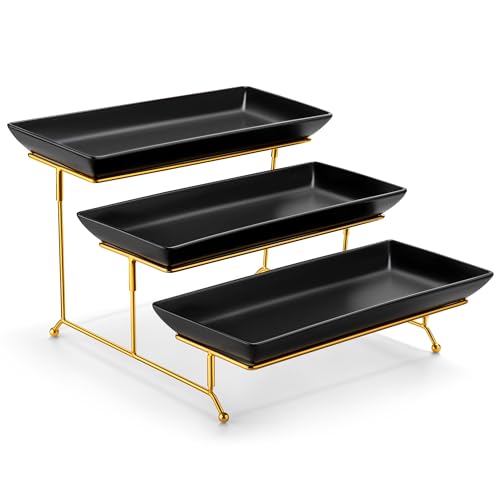 MALACASA 3 Tier Serving Trays for Party, 14 Inch Porcelain Black Trays for Serving Food, Dessert Stand with Collapsible Gold Metal Rack - color: Black Gold, size: 14 Inch