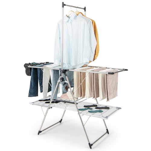 Tangkula Foldable Clothes Drying Rack, 2-Tier Laundry Drying Rack w/Tall Hanging Bar, Height Adjustable Gullwing, Freestanding Garment Stand for Indoor Outdoor Use - size: 54" x 25" x 72"