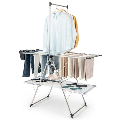 Tangkula Foldable Clothes Drying Rack, 2-Tier Laundry Drying Rack w/Tall Hanging Bar, Height Adjustable Gullwing, Freestanding Garment Stand for Indoor Outdoor Use - size: 54" x 25" x 72"