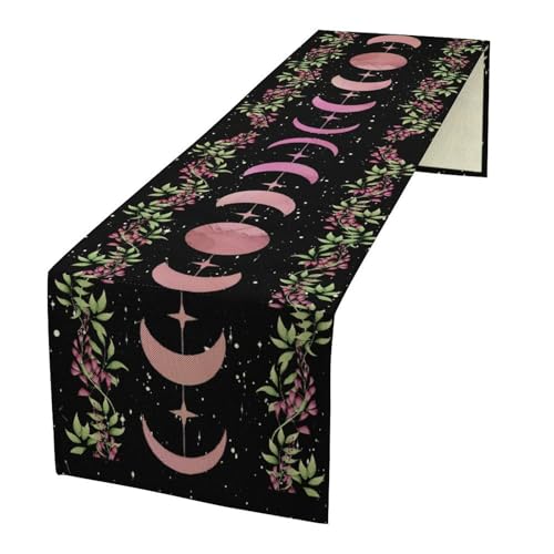 Moon Phase Wisteria Table Runner,Pink Stars Boho Floral Wildflower Moonlit Gothic Kitchen Table Decoration for Holiday Party Study Living Bedroom Dresser Cabin Cafe Wedding Decor 13×60in