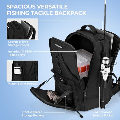 KastKing KarryAll Fishing Backpack with Rod Holder 4 Tackle Boxes, 40/26L | Tackle Bag Storage Fishing Gear and Equipment, Water‑Resistant Material, Fishing Gift for Men - color: D: Medium (26 L) - Black